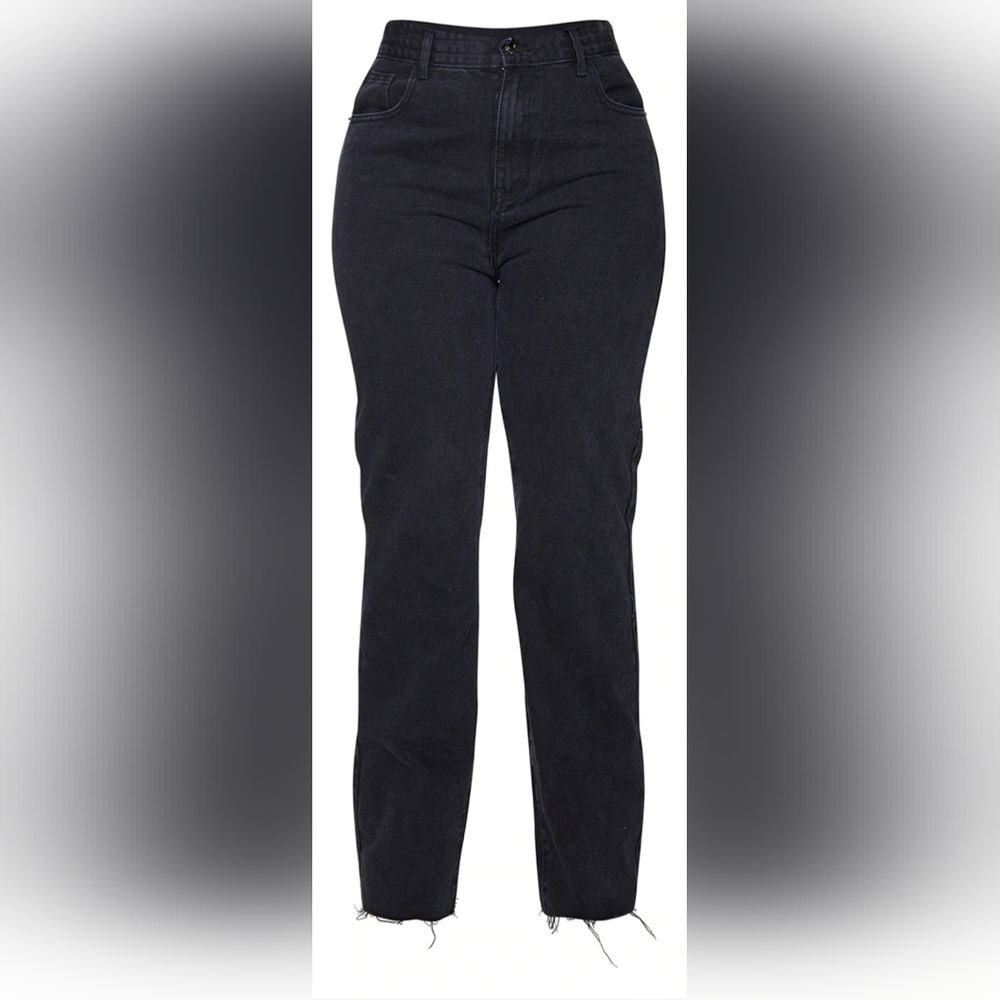PrettyLittleThing Long Leg Straight Jeans with Distressed Hem in black